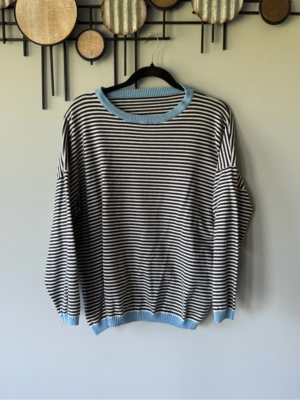 Striped Crewneck Sweater with Blue Trim